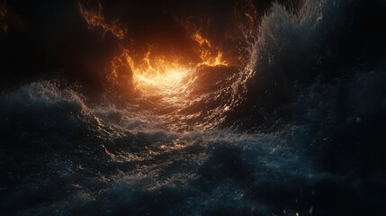Dramatic Ocean Waves Surge with Fiery Light Under a Stormy Sky Showcasing Nature's Untamed Power