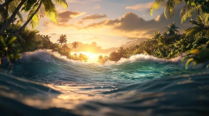 Epic Sunset Surfing Session in a Tropical Paradise with Majestic Waves and Palm Trees