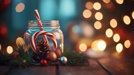 Festive Christmas Candy Cane in a Jar Surrounded by Holiday Decorations and Warm Bokeh Lights