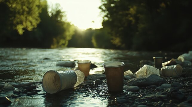 Discarded plastic cups and bags pollute a riverbank with trees and sunlight in the background, highlighting environmental concerns.