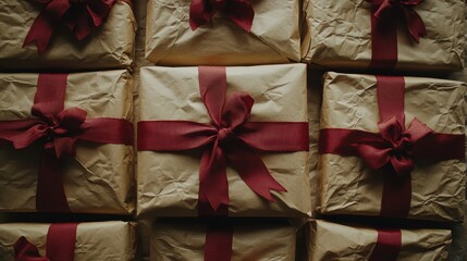 Festive Holiday Gifts Wrapped with Elegant Red Bows and Textured Brown Paper