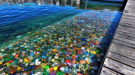 Floating colorful plastic pollution debris gathered near a rural marina dock, contaminating the clear water surface.