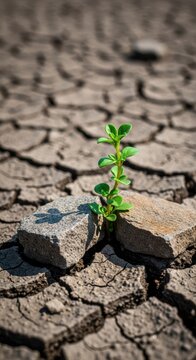 A small, tenacious plant bravely pushing through dry, cracked earth and rough stone, symbolizing survival and strong resilience, willpower, root, harsh