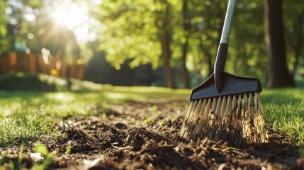 Gardening rake working on loose soil outdoors during bright daylight with green foliage in background