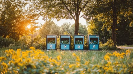 Four blue recycling bins lined up in a grassy urban park setting bathed in warm sunlight near trees and foliage.
