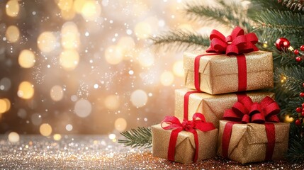 Festive Christmas Gifts Stacked Neatly Under a Sparkling Tree with Warm Holiday Tones