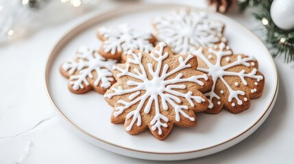 Festive Snowflake Gingerbread Cookies Adorned with White Icing on a Simple White Plate Perfect for Holiday Celebrations