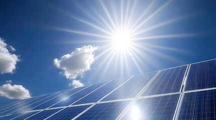 Bright Sun Shining Over Solar Panels Under Clear Blue Sky, Representing Renewable Energy Generation