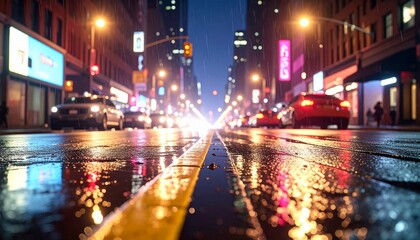 Obraz premium City street at night with cars and blurred lights reflection on wet pavement