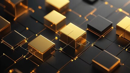 Golden Cubes on Digital Circuit Board Representing Cryptocurrency and Modern Technology