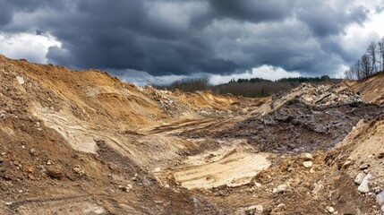 Dramatic eroded soil and barren land under overcast sky in rural area highlighting land degradation
