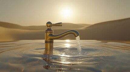 Golden Faucet Dripping Precious Water Amidst Sunlit Desert Landscape Symbolizing Critical Scarcity