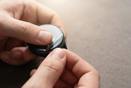Close-up of hands carefully placing a screen protector onto a round black smartwatch face.