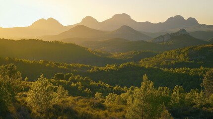 Golden Sunrise Illuminating Majestic Mountain Peaks and Lush Green Landscape with Soft Morning Light