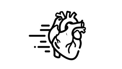 Simple black icon of a human heart with motion lines on the side representing a fast heartbeat pulse or intense exercise.