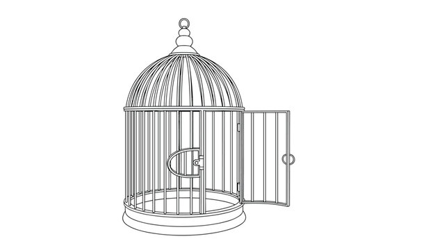 Empty antique birdcage with an open door stands alone as a symbol of freedom liberty or the absence of a captive pet bird.