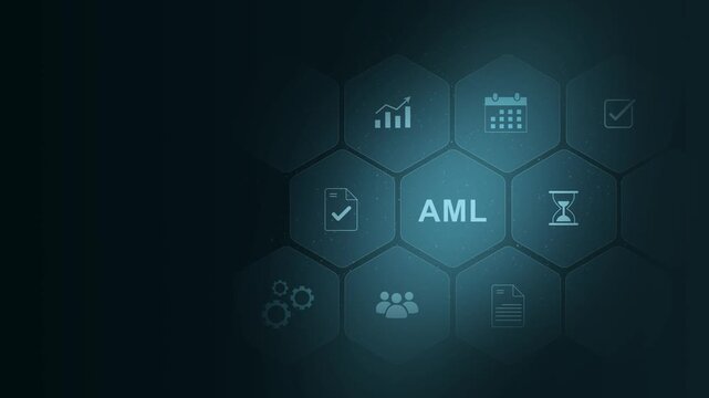 AML : Anti money laundering financial bank concept. Businessman use laptop with virtual AML icon for anti money laundering regulations. digital interface on cyan color background