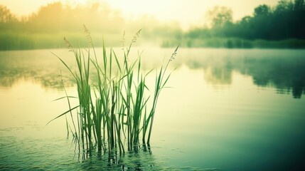 Lush green reeds growing in calm misty water with soft morning light reflecting on the surface, a serene natural landscape.
