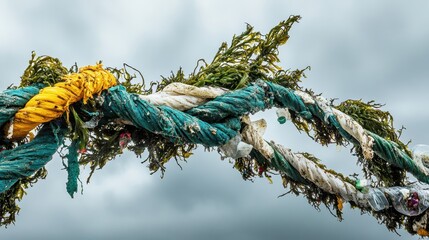 Marine pollution shows plastic waste entangled in seaweed and rope against an overcast sky
