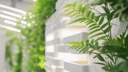 Modern Green Technology Display Showcasing Sustainable Eco Solutions with Lush Plants and Integrated Lighting