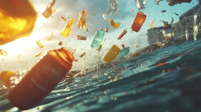 Plastic waste polluting ocean waters with dynamic angles of debris, environmental impact and coastal background with overcast light