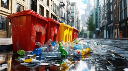 Overflowing city recycling bins spill plastic bottles and paper cups onto a wet urban street, showcasing environmental neglect.