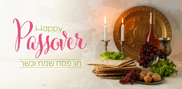 Pesach background with wine and matzo on the light background. Banner