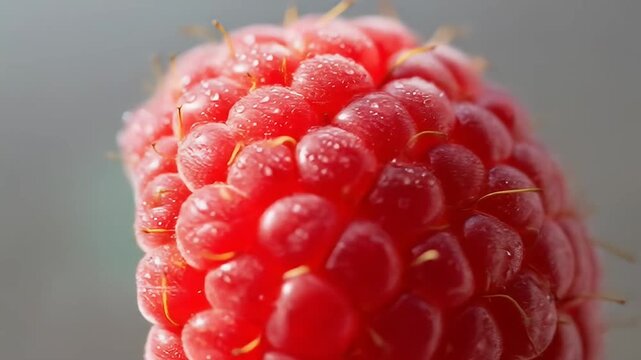 Close-up of a vibrant red raspberry with water droplets on its textured surface