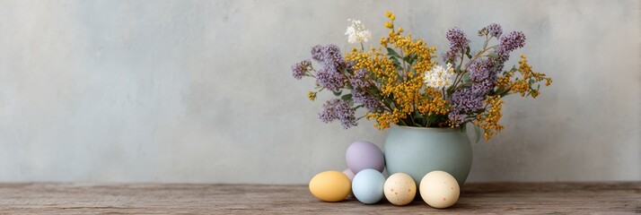 Vase of flowers with yellow and purple flowers and a few eggs