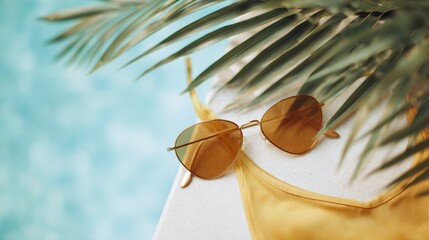 Pair of sunglasses and a yellow bikini top are on a white surface
