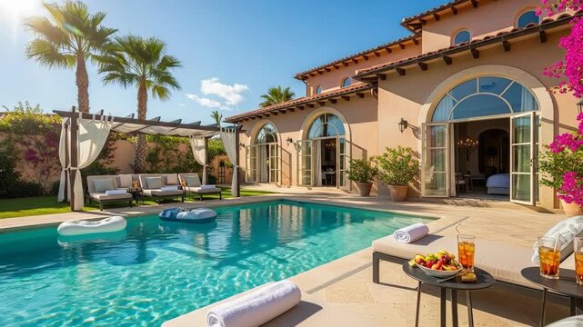 Luxurious desert villa with sunny poolside patio and arches.