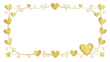 Golden heart decorative frame on white background. Elegant romantic border with metallic texture and copy space for invitations and love messages.