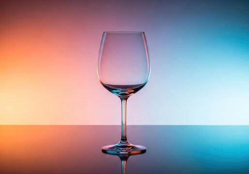 Elegant clear crystal empty goblet glass standing alone on a smooth reflective surface, ready for a pour of wine or sparkling beverage, stem, crystalware, drink