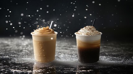 Two Frosty Coffee Beverages With Whipped Cream Topping And Chocolate Sprinkles On A Speckled Dark Surface