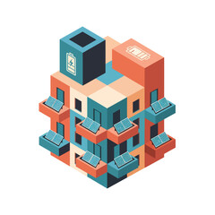 Isometric 3D Building Structure with Balconies.