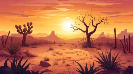 Vast Arid Desert Landscape at Sunset with Sparse Vegetation and Dramatic Lighting