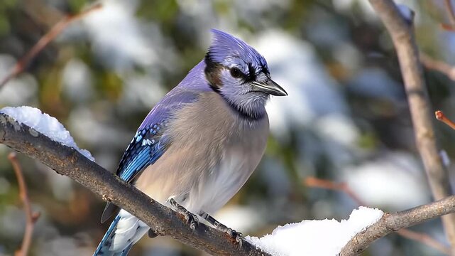 A vibrant Blue Jay perches on a snow-dusted branch in winter showcasing its striking plumage and alert expression against a blurred natural background