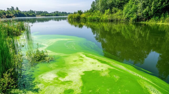 Toxic green algae bloom creating vibrant streaks on the surface of a polluted pond water body with lush trees