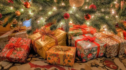 Vibrant Christmas gifts wrapped in festive paper are nestled beneath a sparkling tree adorned with glowing lights and ornaments.