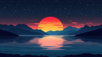 Vibrant sunset over a calm lake with mountainous silhouettes and starry night sky reflection