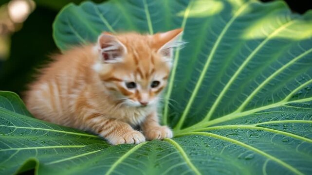 Adorable tiny orange kitten resting on broad green tropical leaf.