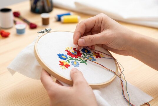 Close-up of hands embroidering a colorful Hungarian Kalocsai floral pattern with a needle on white fabric.