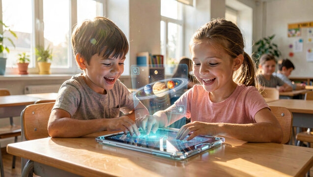 Students Learning with AR Solar System Tablet