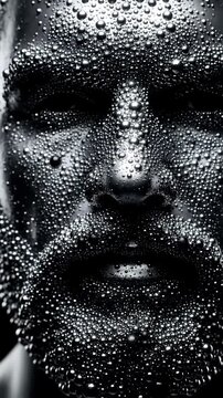 Close-up black and white portrait of a man's face with drops of liquid metal on smooth skin, artistic dramatic effect, conceptual beauty, brutality and courage, modern emotional design.