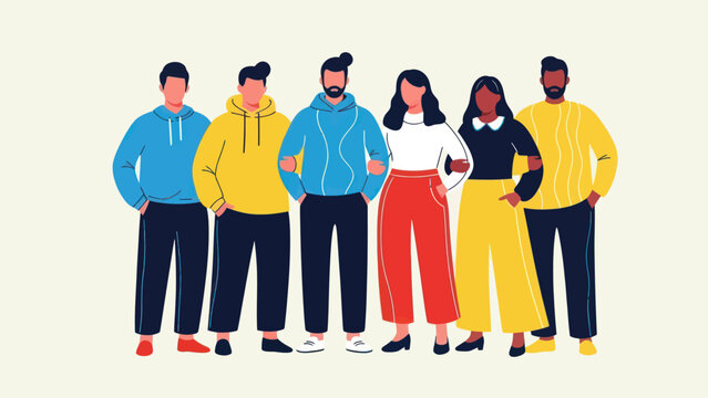 Diverse Group of Young Adults Standing Together in Casual Attire.