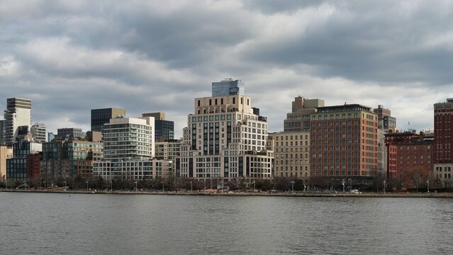 Luxury apartment buildings on the Hudson River in Tribeca, New York.