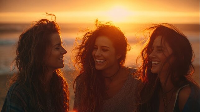 Women friends laughing and sharing stories at sunset by the beach, celebrating International Womena??s Day, 8k, realistic, full ultra HD, high resolution, cinematic photography