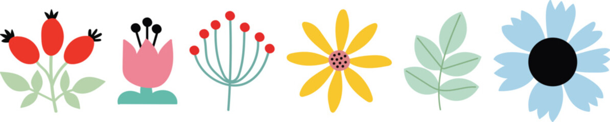 Flat colorful floral with red berries pink tulip yellow daisy and blue flower © md