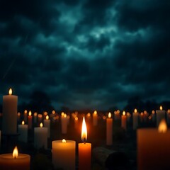 Solitary flame amidst a candlelight vigil. Use it for holiday, memorial, vigils	