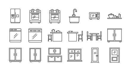 Collection of hand drawn kitchen appliances and furniture icons.
